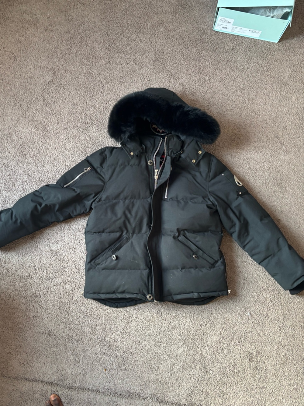 Moose Knuckles Men's Black Puffer Jacket with Fur-Trim Hood